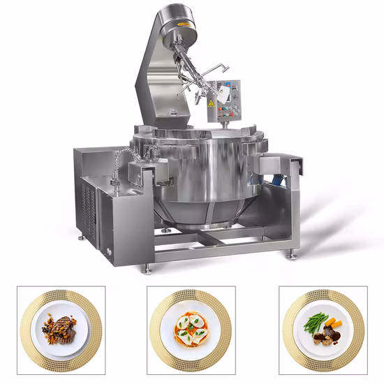 Kommerzieller automatischer Multifunktions-Planeten-Kipptopf für Kartoffeln, Hühnereier, Marmelade, Mischen, Herstellung von elektrischem Gas, Dampf, schwarzer Pfeffersauce, Kochtopf