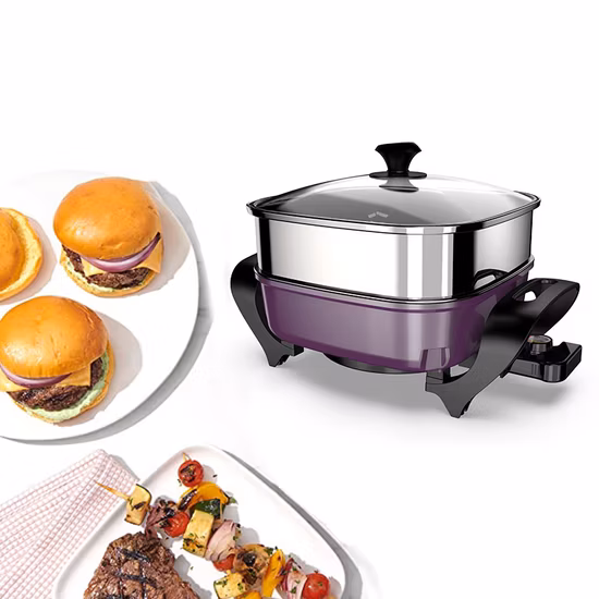Elektrische Bratpfanne für Haushaltsgeräte mit Dampfgarer, Pfannkuchensteak, Doppel-Wok, bewegliche elektrische Pfanne